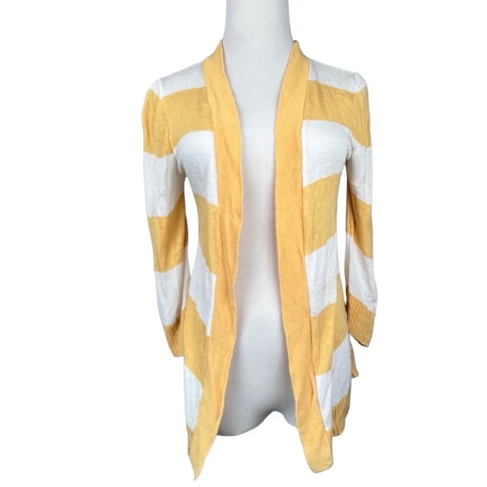 ABSOLUTELY Yellow and White Rugby Stripe 3/4 Sleeve Cardigan Open Sweater